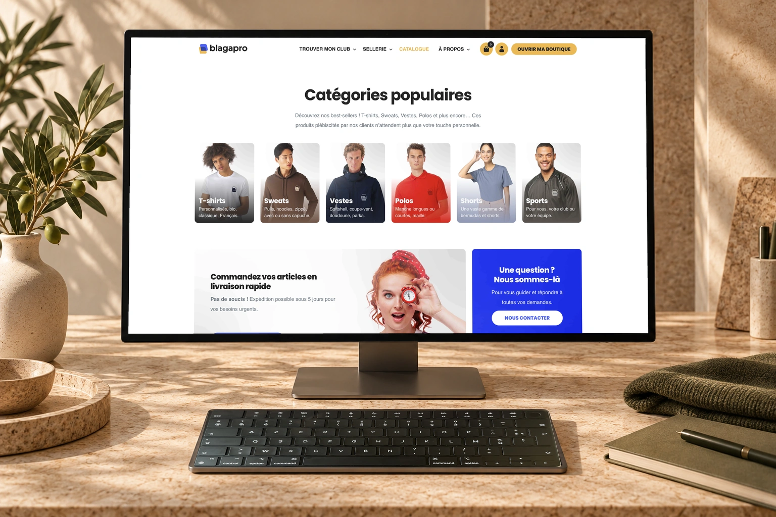 Le catalogue public Blagapro et ses catégories de vêtements, affichés sur un ordinateur de bureau.