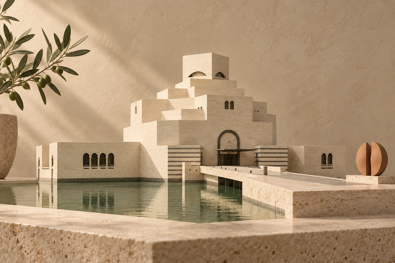 Maquette du musée d’Art islamique de Doha en pierre claire, au bord d’une eau olive dans un décor en travertin.