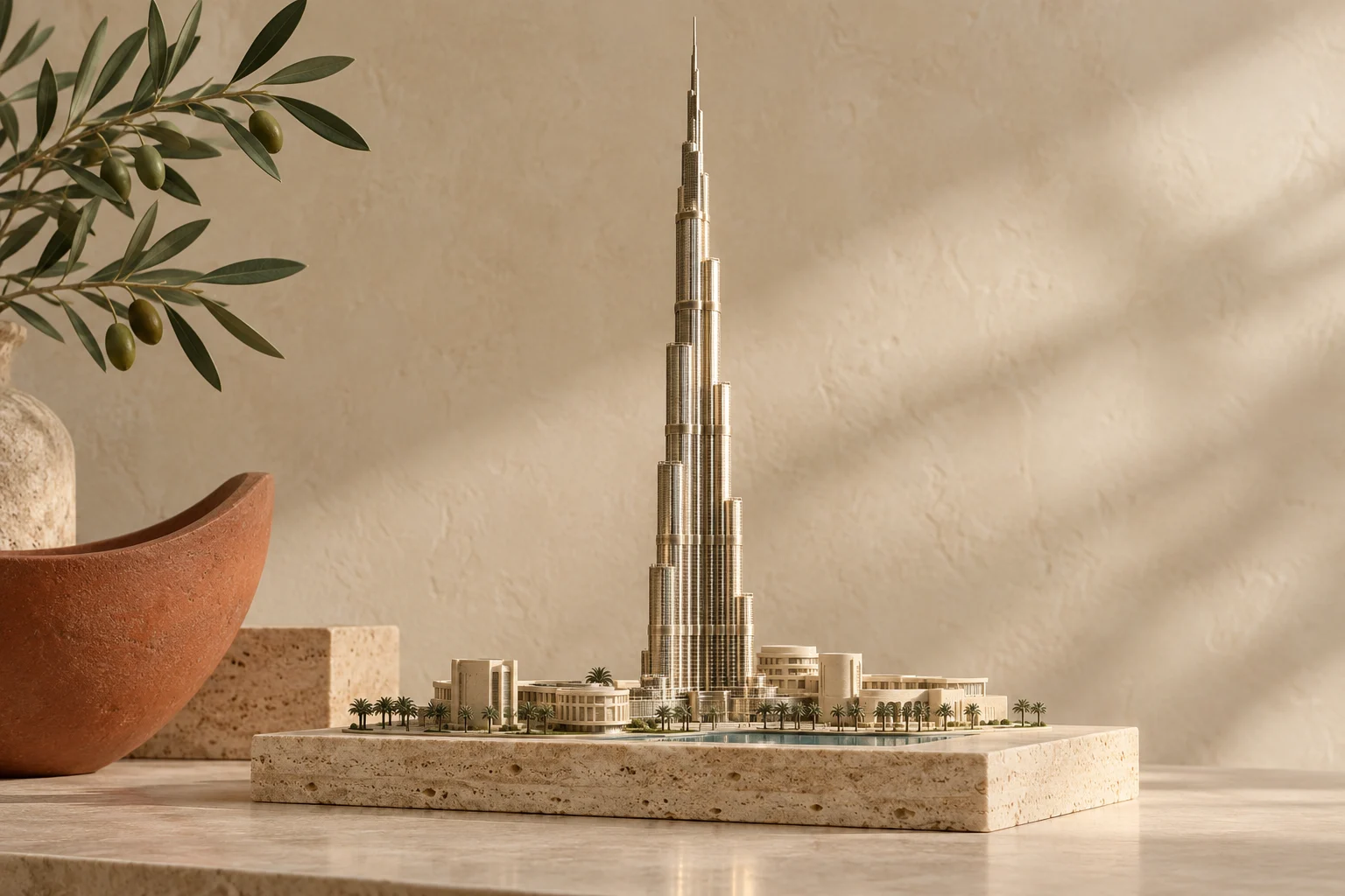 Maquette du Burj Khalifa sur du travertin, éclairée par une lumière chaude avec des accents terre cuite.