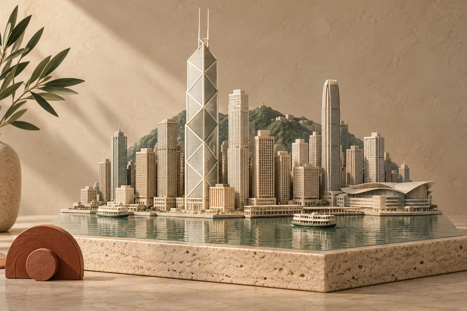 Maquette de la skyline de Hong-Kong dominée par la Bank of China Tower, sur un socle en travertin avec une eau olive.