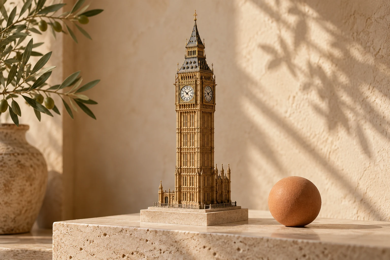 Maquette architecturale : Big Ben et la tour Elizabeth, en travertin, bronze et tons olive.