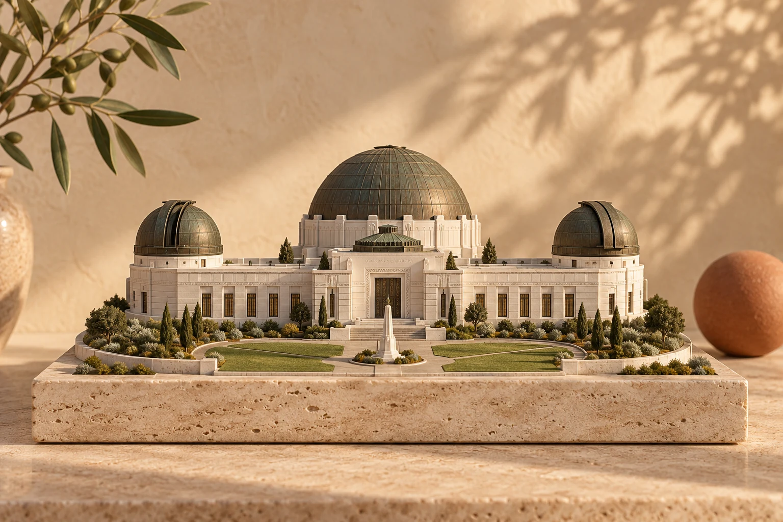 Maquette architecturale : L’observatoire Griffith, en travertin, bronze et tons olive.