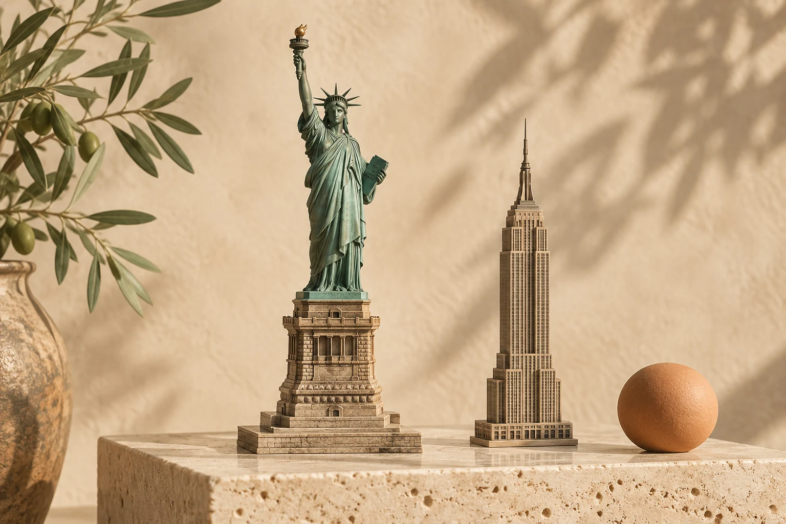 Maquette architecturale : La statue de la Liberté et l’Empire State Building, en travertin, bronze et tons olive.