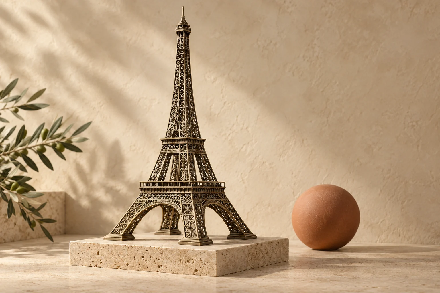 Maquette de la tour Eiffel sur un socle en travertin, avec des tons olive et terre cuite.
