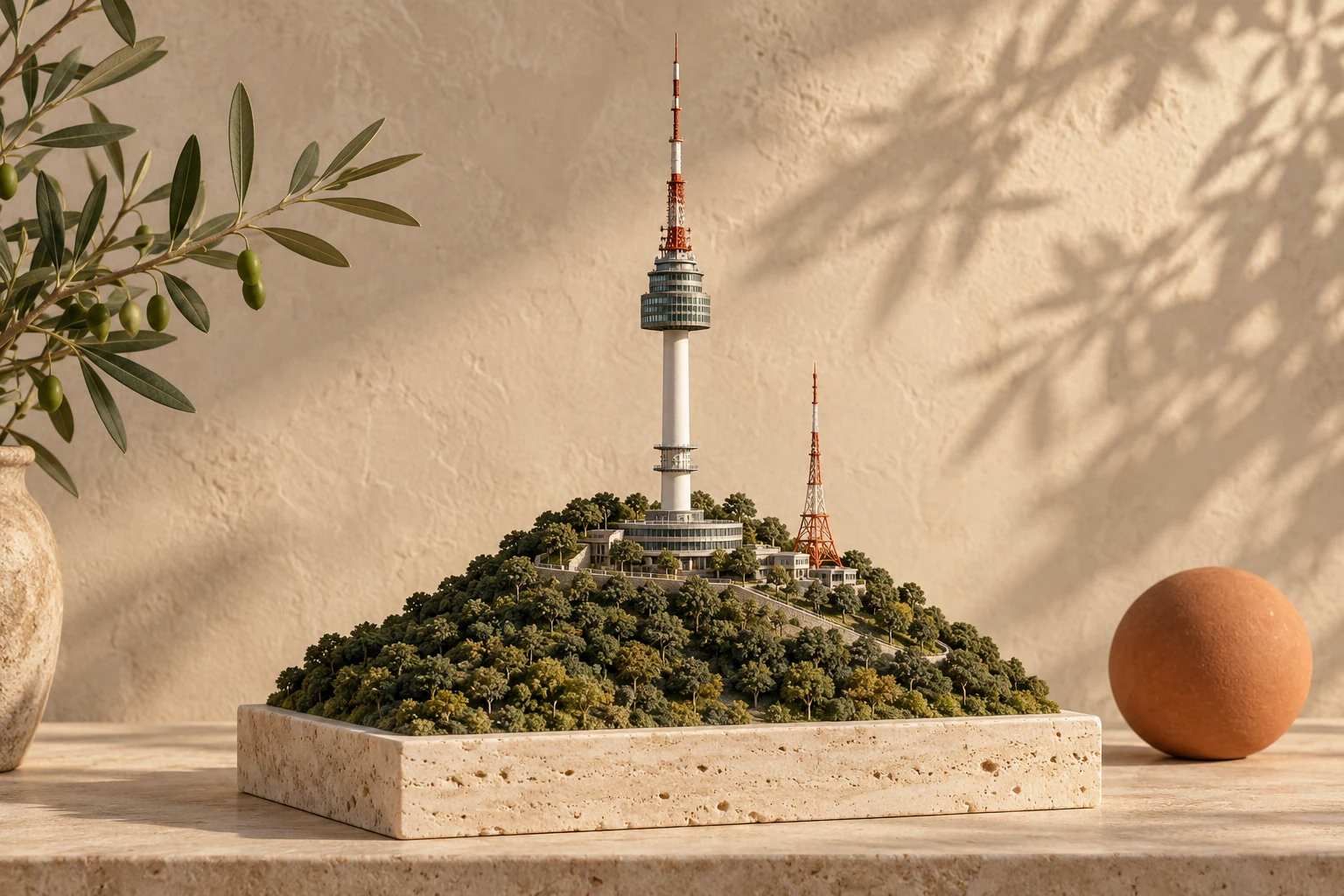 Maquette architecturale : La N Seoul Tower, en travertin, bronze et tons olive.