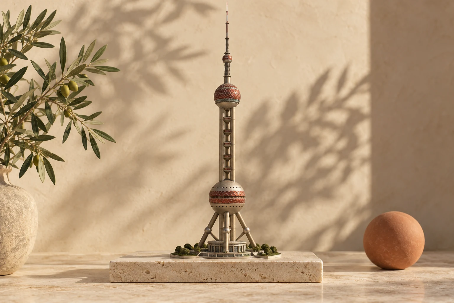 Maquette architecturale : La tour Perle de l’Orient, en travertin, bronze et tons olive.