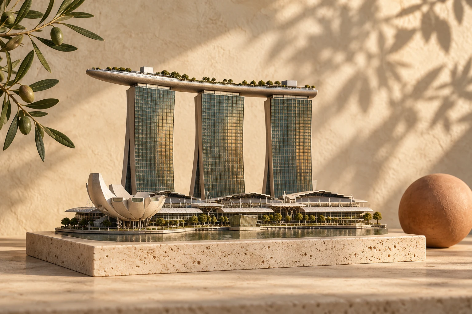 Maquette architecturale : Marina Bay Sands, en travertin, bronze et tons olive.