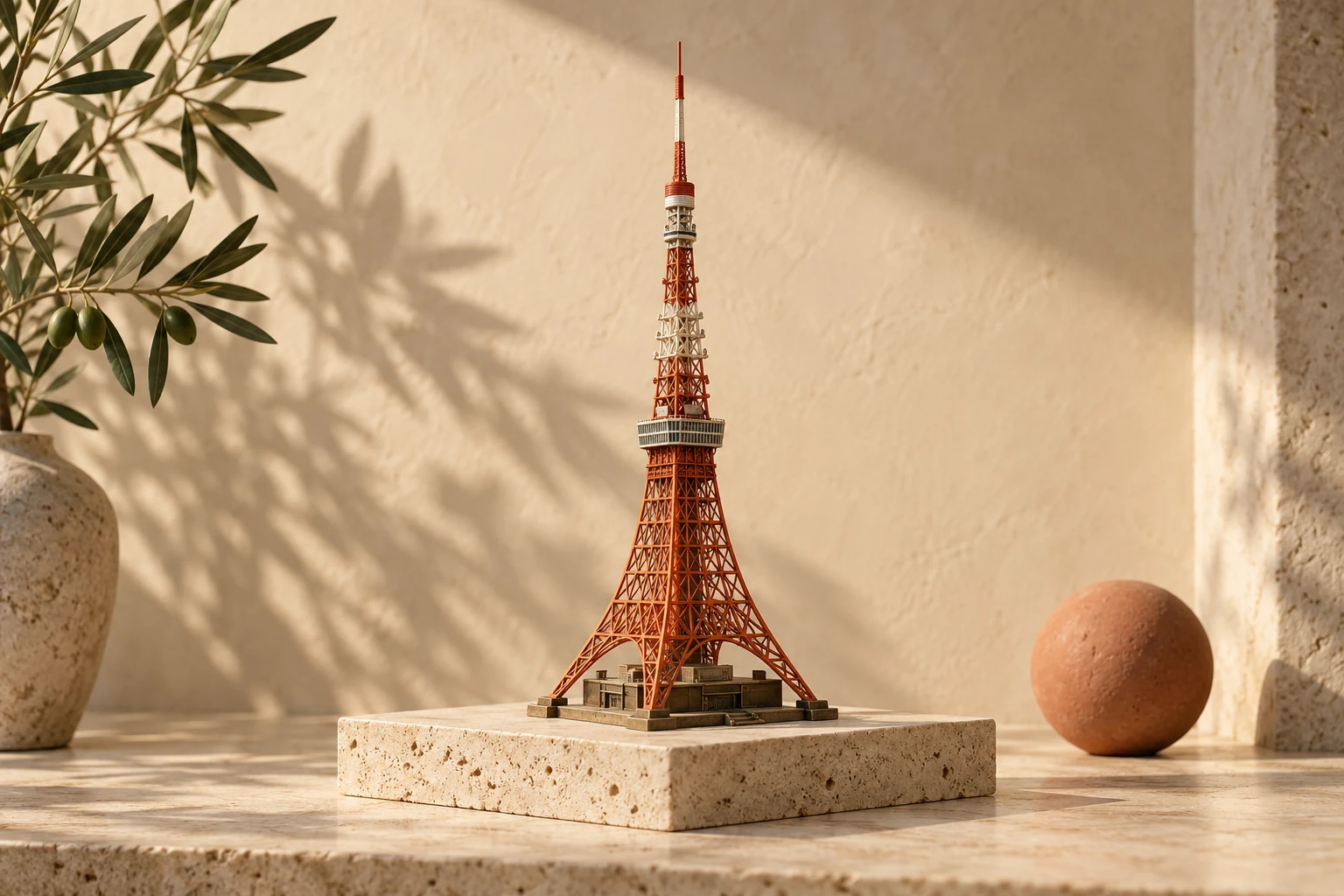 Maquette architecturale : La tour de Tokyo, en travertin, bronze et tons olive.