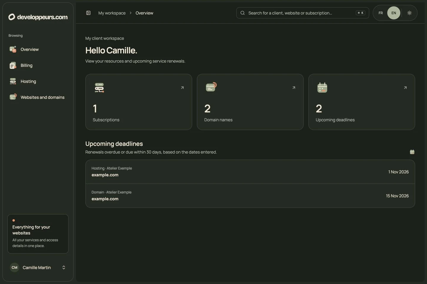 Developpeurs.com client portal: overview and upcoming deadlines for the demo account.