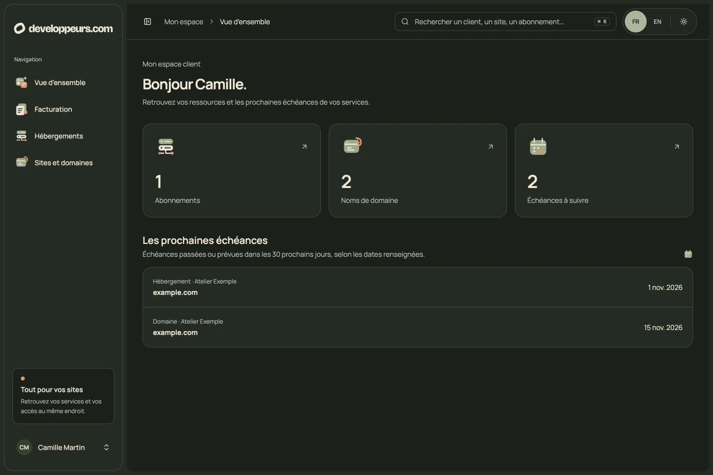 Espace membre developpeurs.com : vue d’ensemble et prochaines échéances du compte de démonstration.