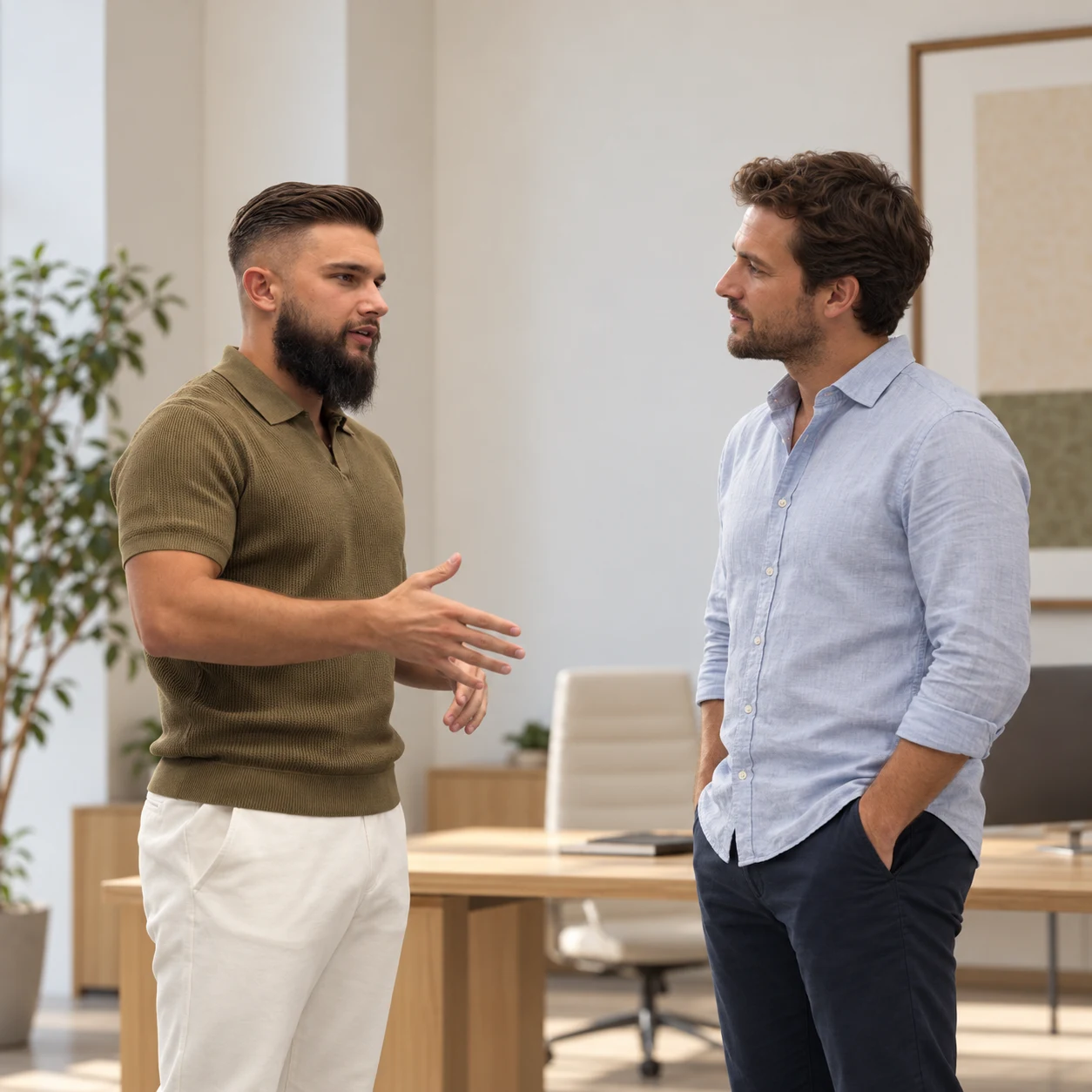 Gabriel Genoni échange avec un client dans un bureau.