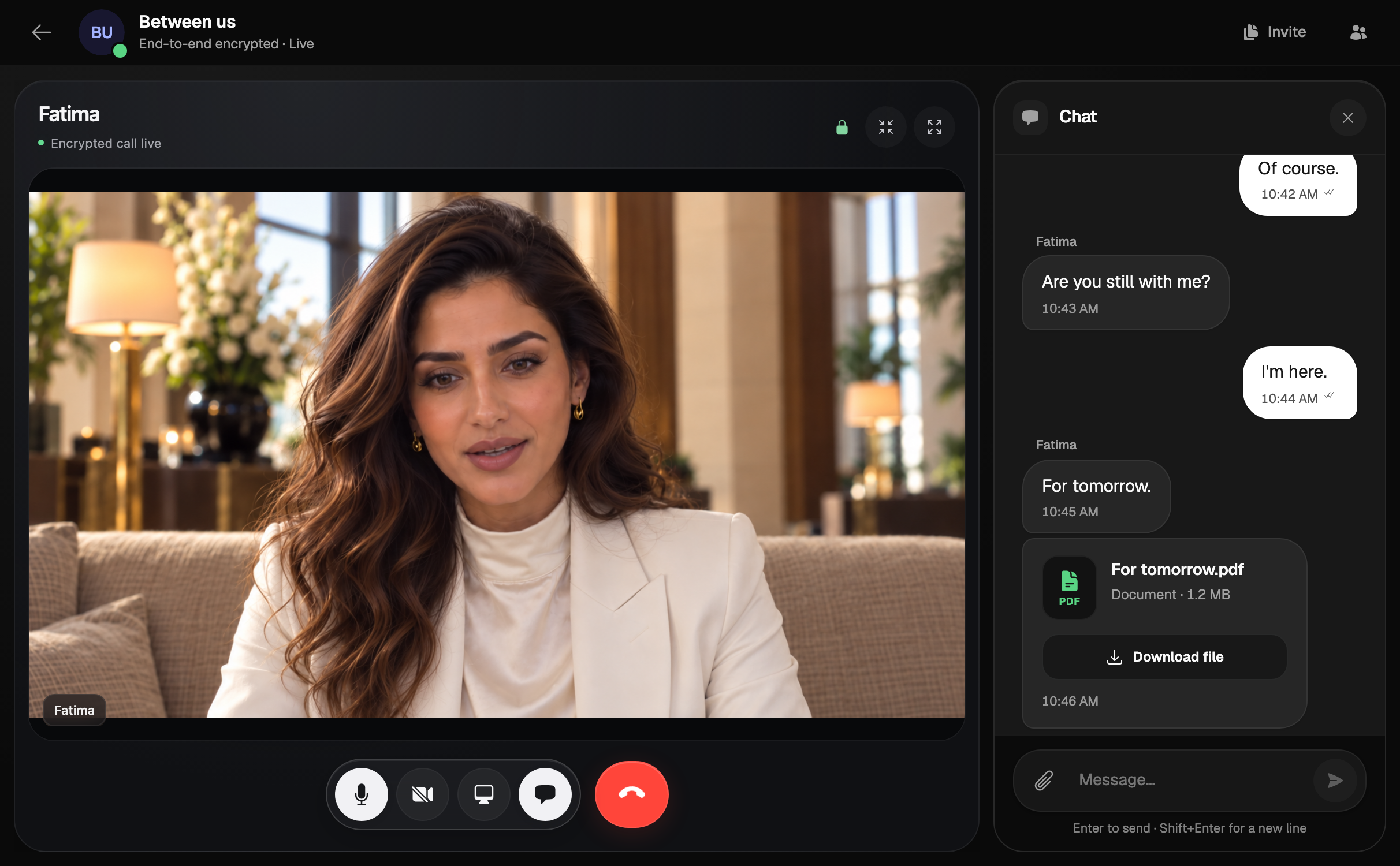 Hush sur le Web : appel vidéo avec Fatima, commandes d’appel et discussion ouverte à droite.