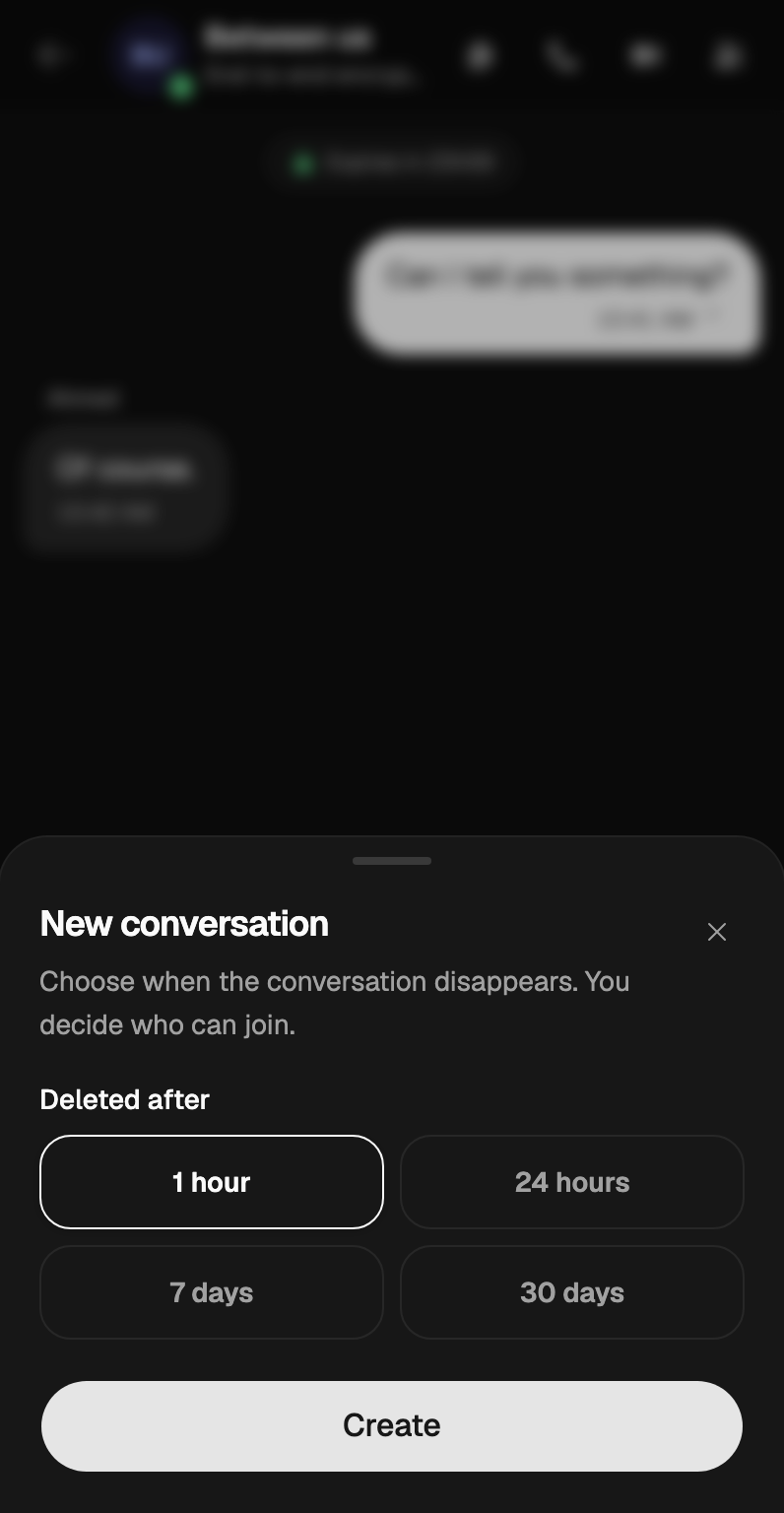 Création d’une conversation Hush : une heure sélectionnée parmi les quatre durées proposées.