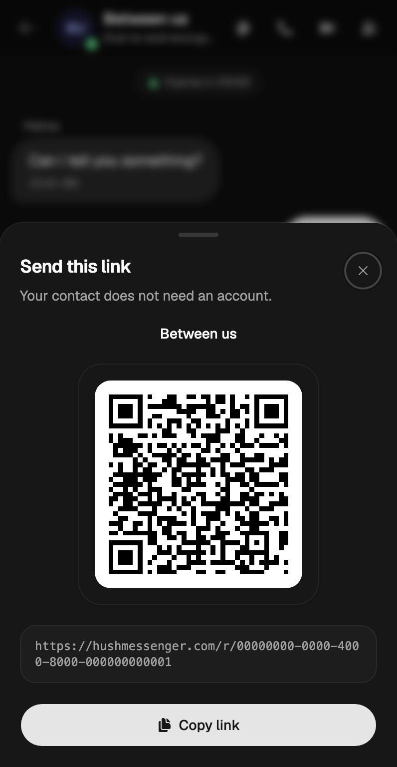 Interface Web mobile Hush : invitation avec lien, QR code et copie du lien.