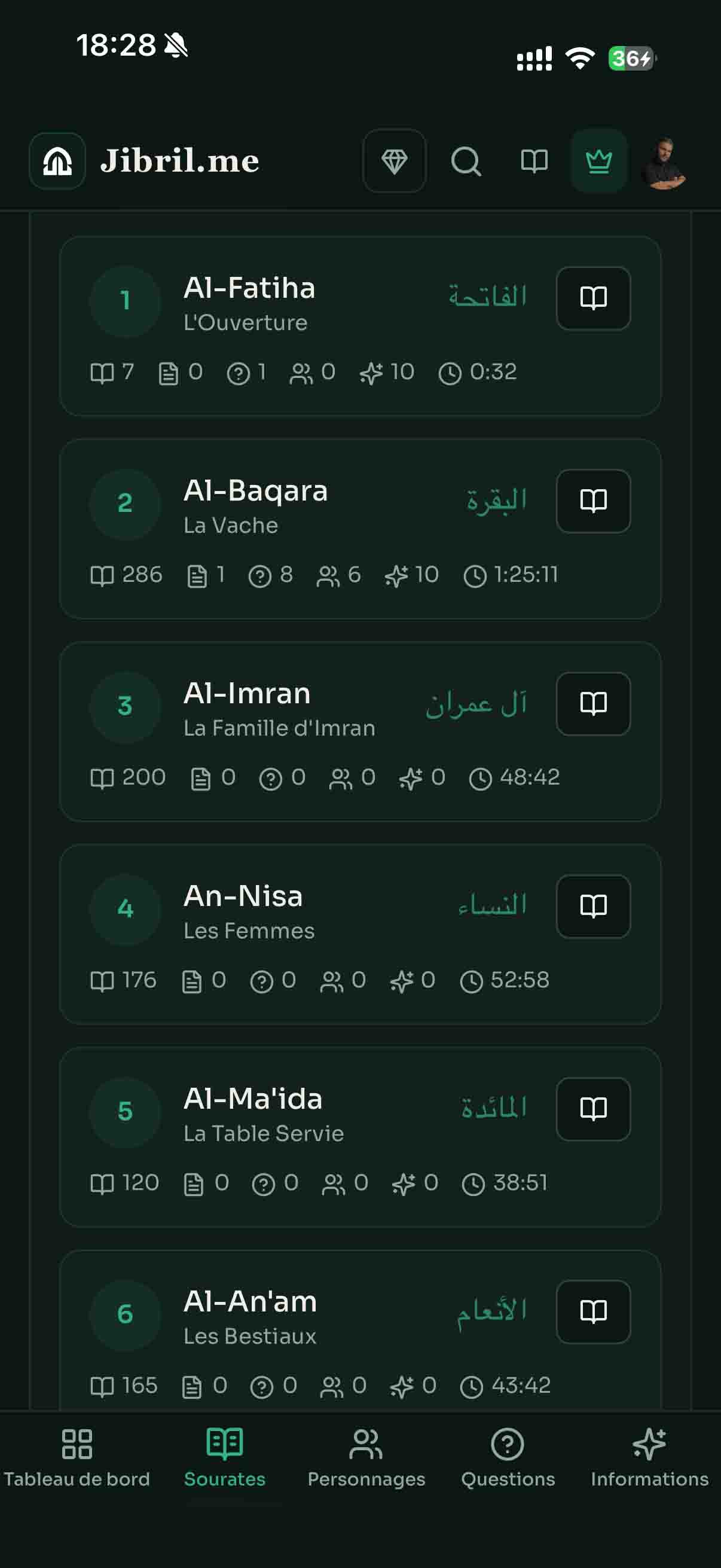 Jibril.me sur iOS : liste des sourates et navigation de l’application.