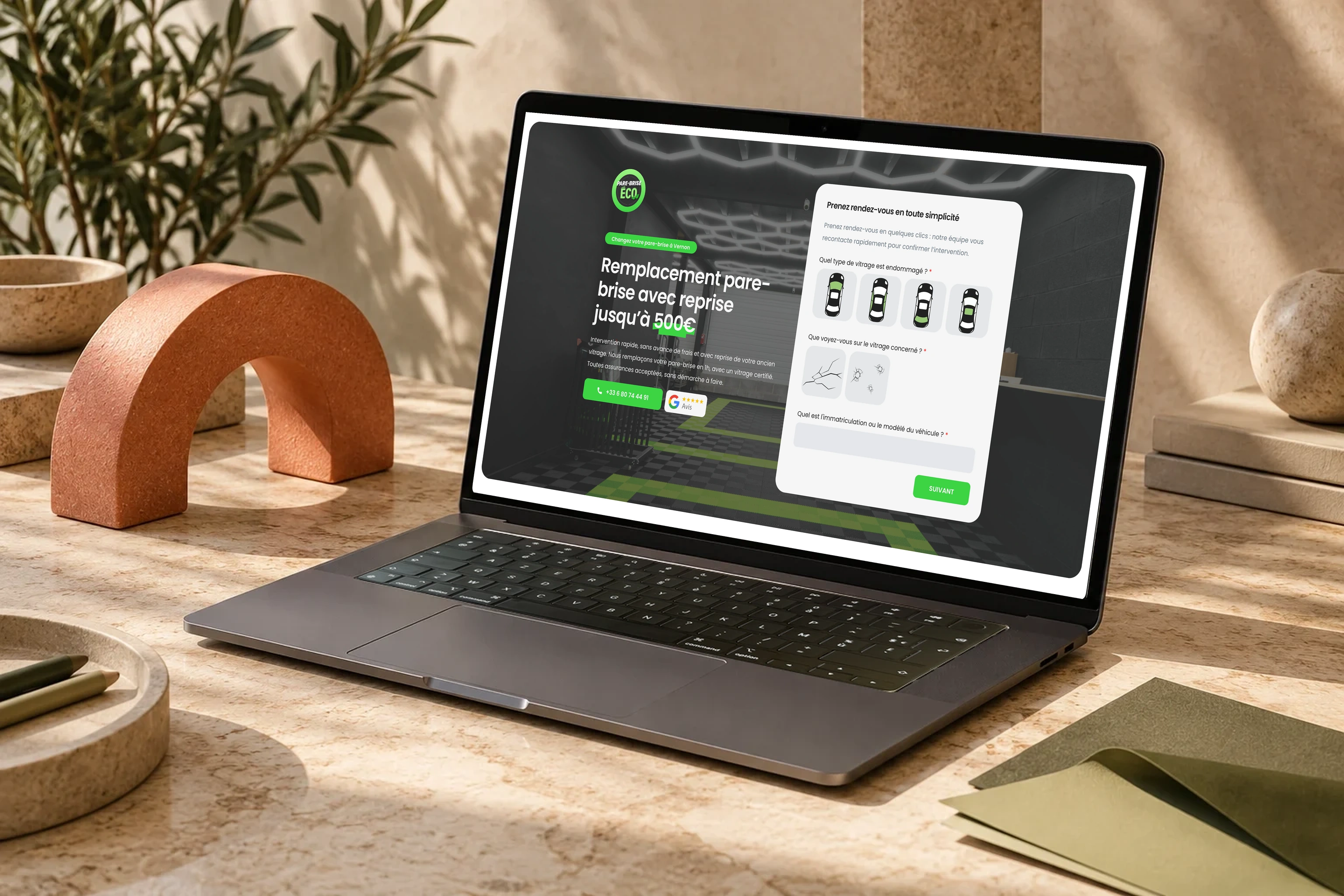 Landing page d’un franchisé Pare-Brise Éco intégrée dans un ordinateur.