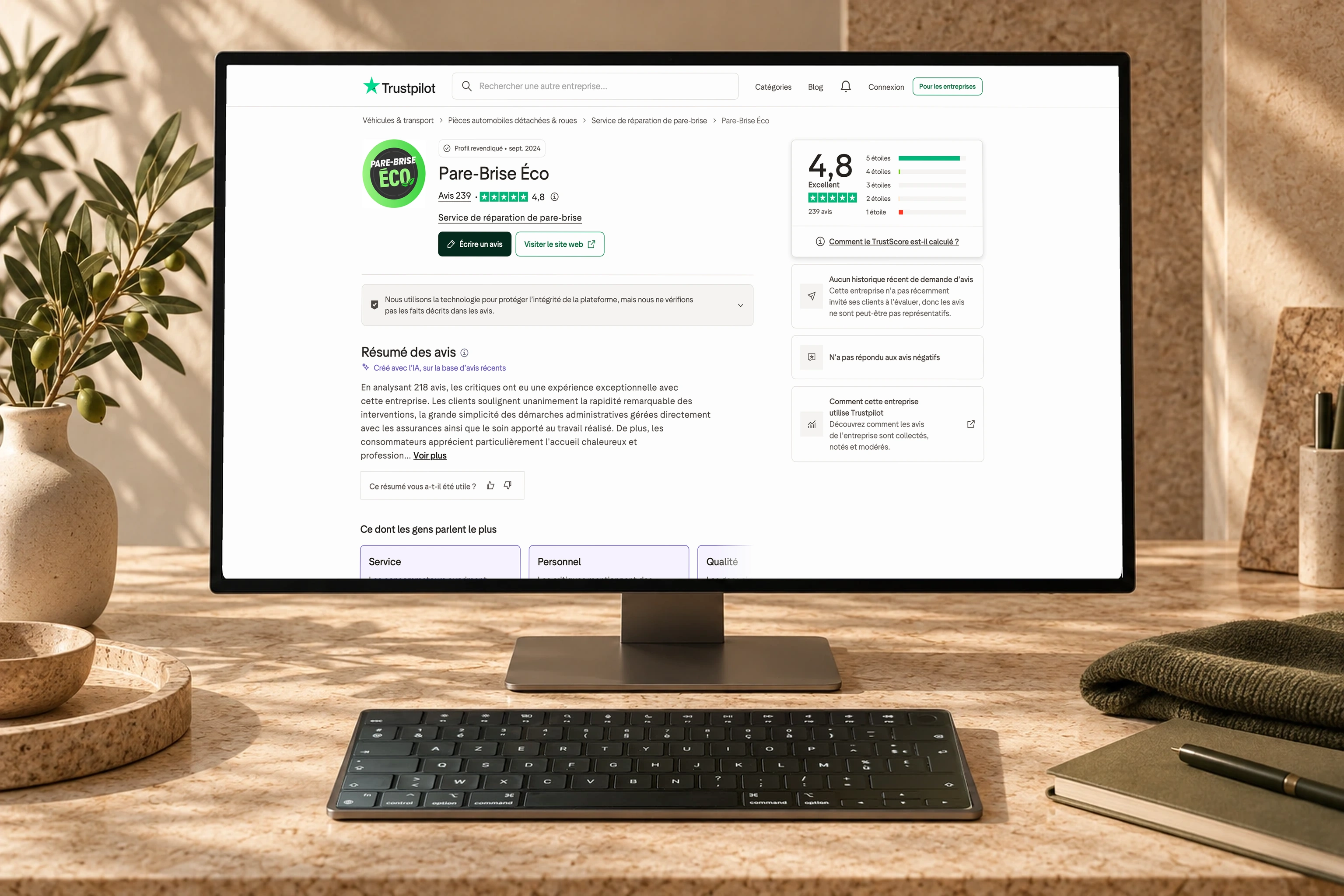 Capture Trustpilot de Pare-Brise Éco intégrée dans un ordinateur de bureau.